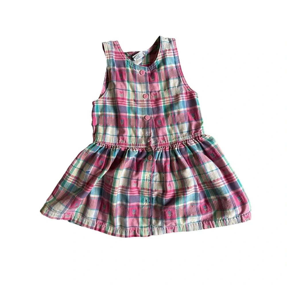 FLAWS Vintage Oshkosh Plaid Tartan Dress Girl 6 Girlhoodcore Cottagecore Floral